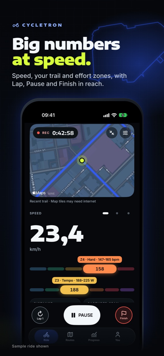 Big numbers at speed: the live ride screen with speed, map trail and effort zones.