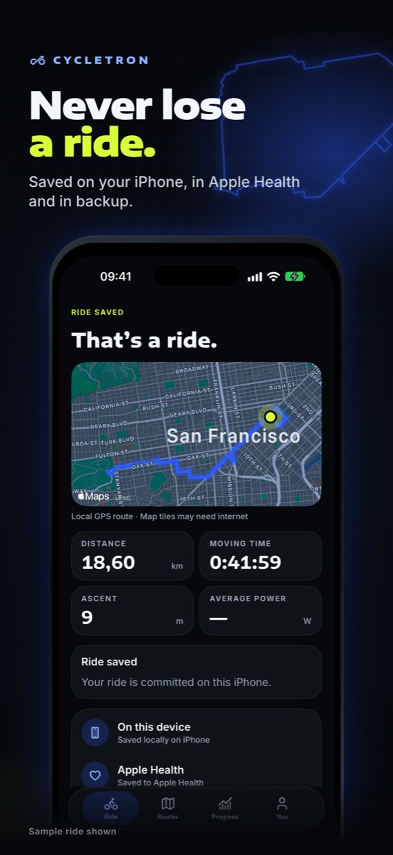 Never lose a ride: the saved ride with iPhone, Apple Health and backup status.